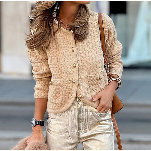 Ladies cardigan with structured check pattern and decorative buttons Amarae