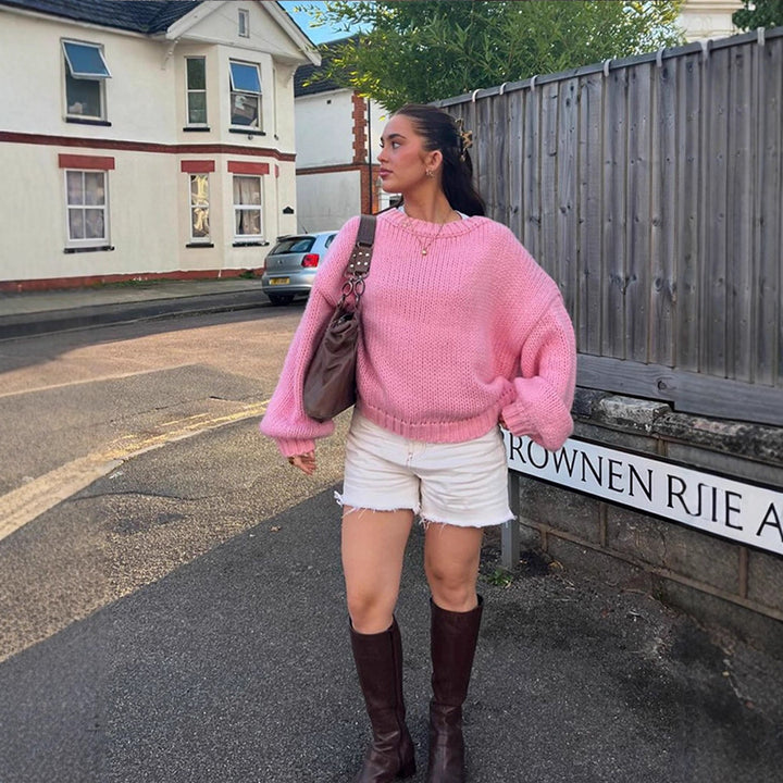 Women Oversize Chunky Knit Sweater with Balloon Sleeves and Wide Ribbed Collar Amarae