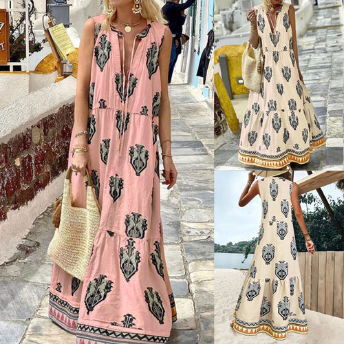 Maxi dress for women with an elegant floral pattern and a deep V neckline Amarae