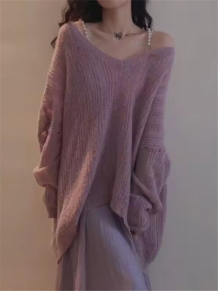 Pull en tricot épais pour femme avec col en V décontracté et structure tendance Chic & Stil