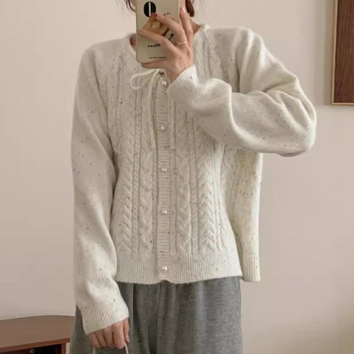 Chunky knit jacket for women with elegant pearl buttons and a structured design Amarae