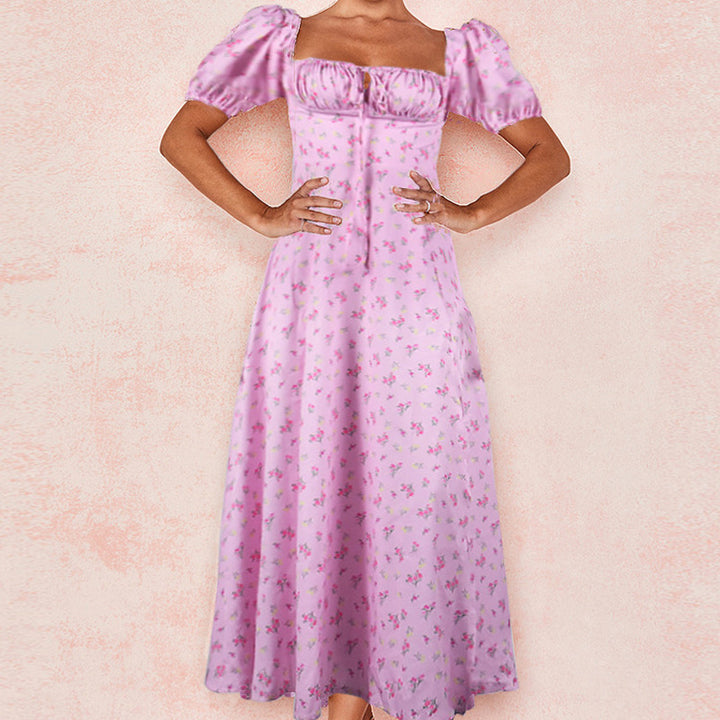 Maxi dress for women with romantic floral print and puff sleeve design Lune London