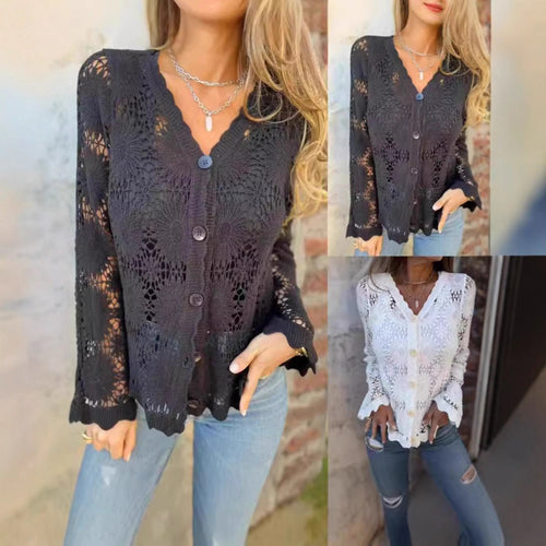Cardigan en crochet pour femmes avec design floral et fermeture à bouton Chic & Stil