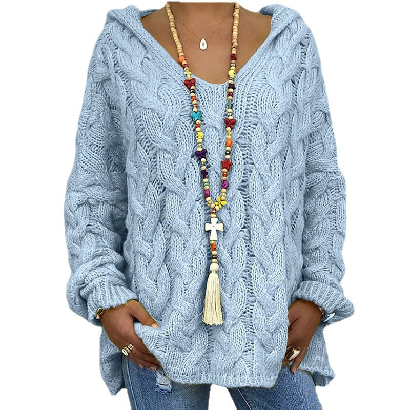 Ladies hoodie in chunky knit with V-neck and decorative cord Lune London