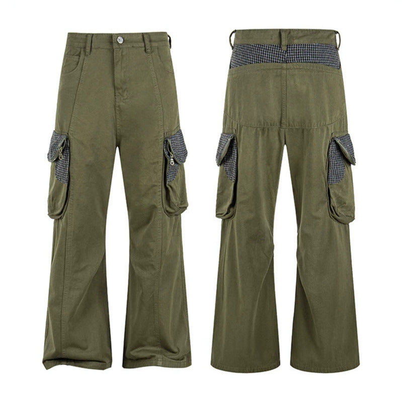 Women Cargo Pants with Wide Leg, Utility Pockets and Plaid Pattern Details Amarae