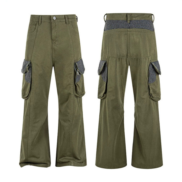 Women Cargo Pants with Wide Leg, Utility Pockets and Plaid Pattern Details Amarae