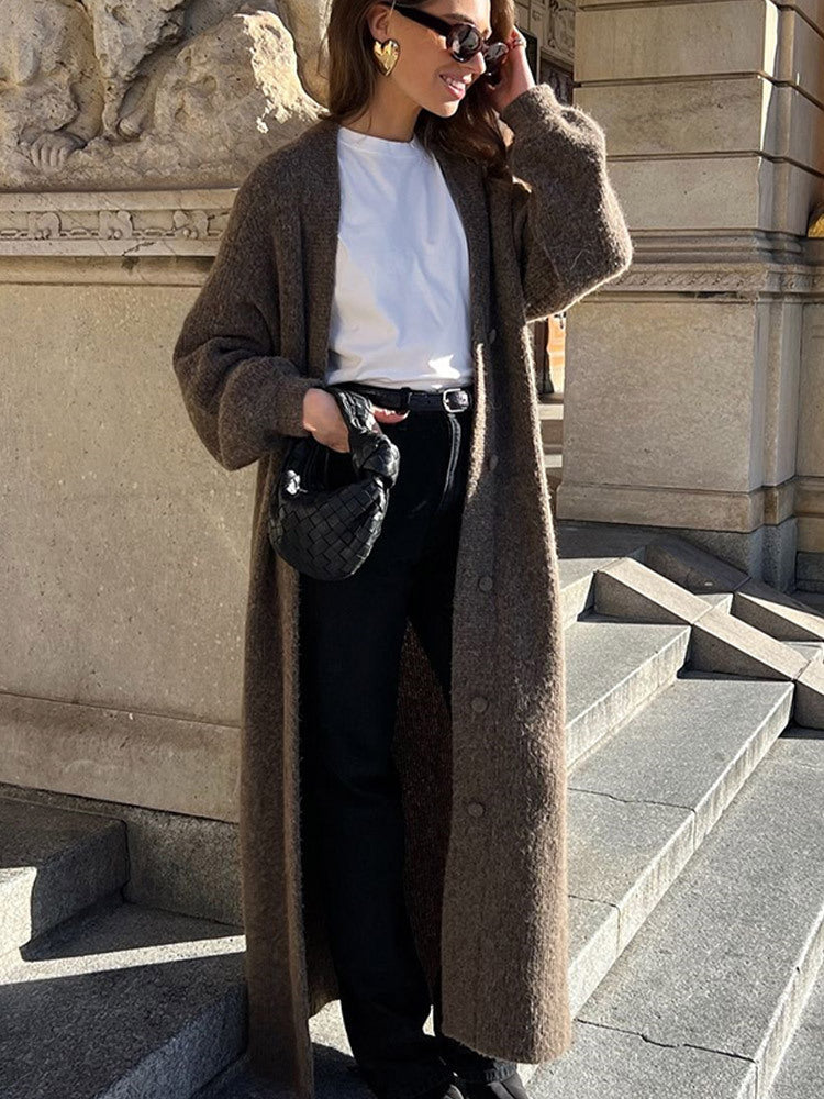 Women Maxi Long Knit Coat in Mohair Look with Concealed Button Placket and Loose Silhouette Amarae