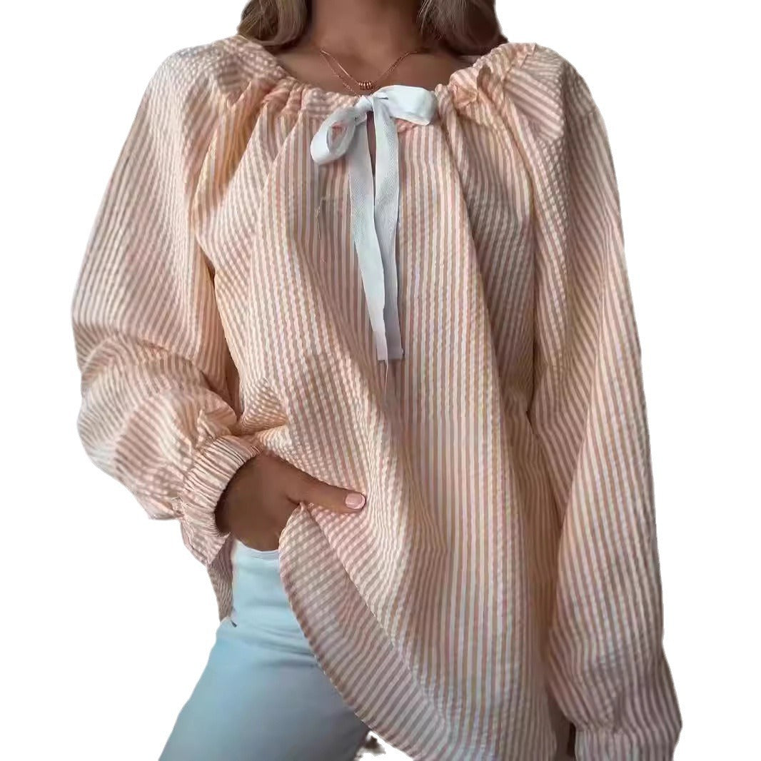 Ladies' blouse with elastic neckline and bow tie Lune London