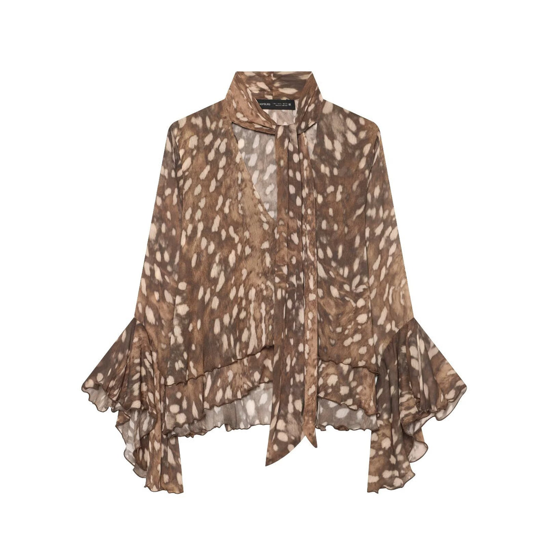Ladies chiffon blouse with tie, V-neck and multilayer ruffle hem Amarae