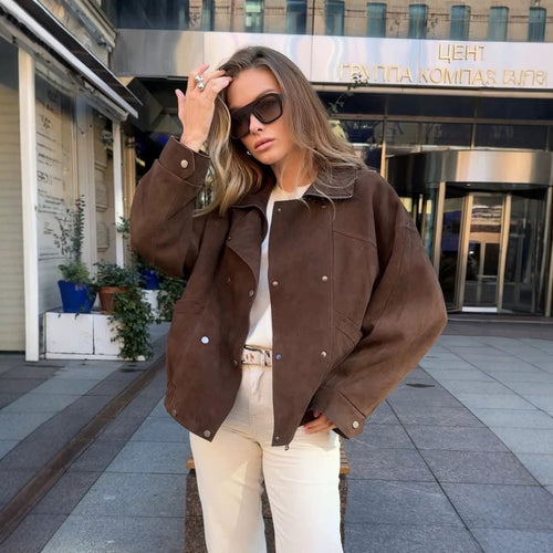 Women's Short Bomber Jacket made of Suede Leather with High Stand-up Collar and Boxy Silhouette Amarae