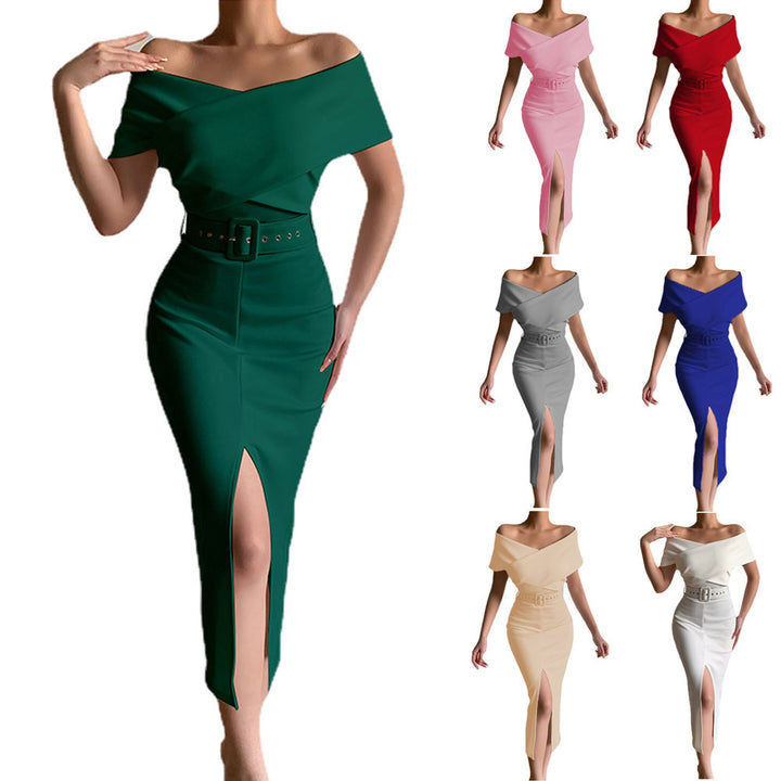 Evening dress for ladies with off-shoulder design and high slit Lune London