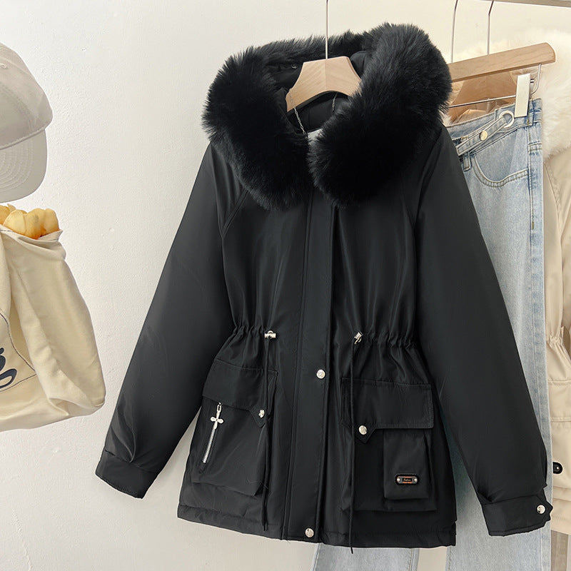 Multifunctional winter jacket for women with removable faux fur collar and adjustable waist drawstring Lune London