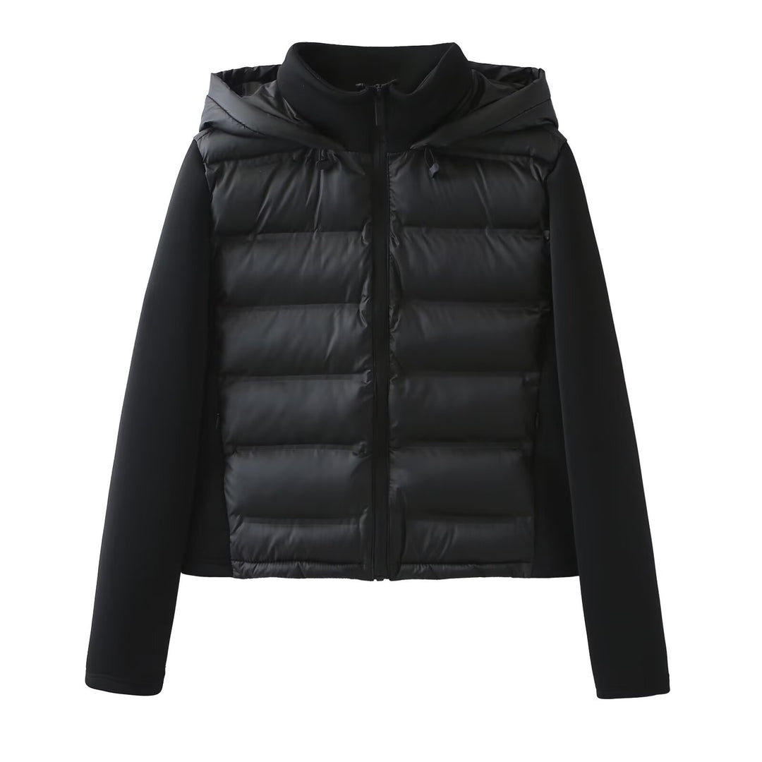 Women Hybrid Padded Jacket with Softshell Sleeves and Hood Amarae