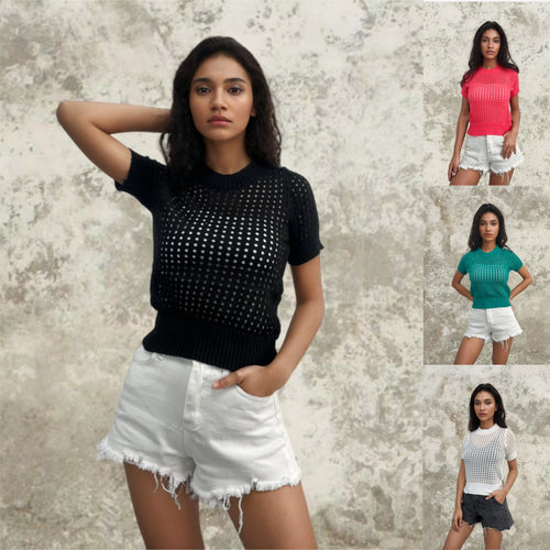 Short sleeve knit top for women with an airy openwork look and a modern collar Amarae