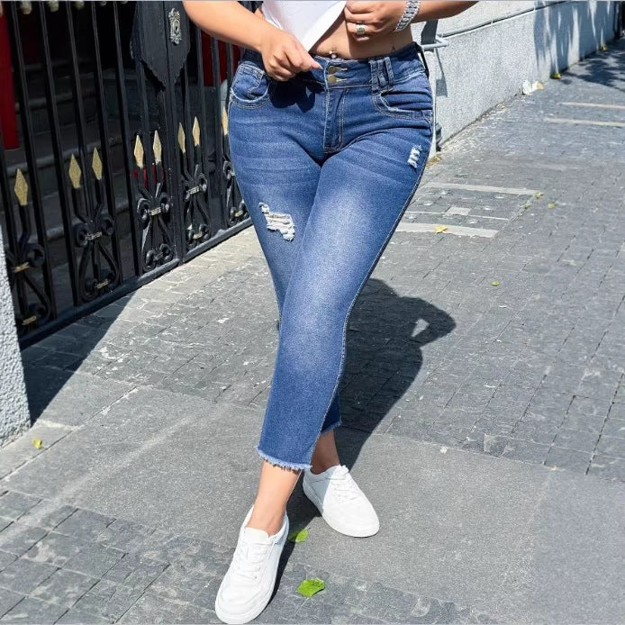 Women's High-Waisted Cropped Skinny Jeans made of Superstretch Denim with Double Button Placket and Raw Fringe Hem Amarae