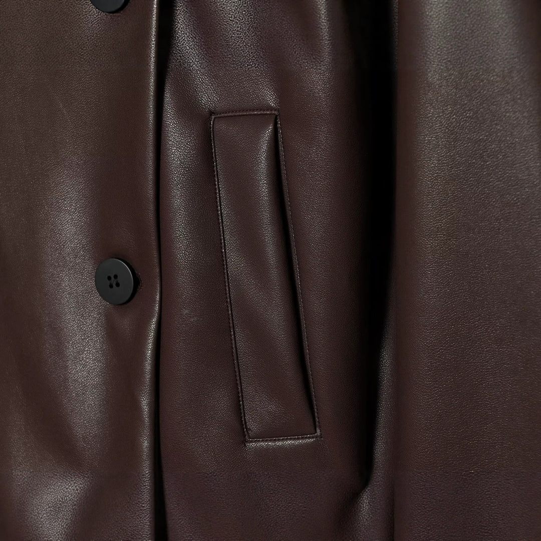 Women's Short Faux Leather Blouson with Double-Breasted Button Placket and Boxy Silhouette Amarae