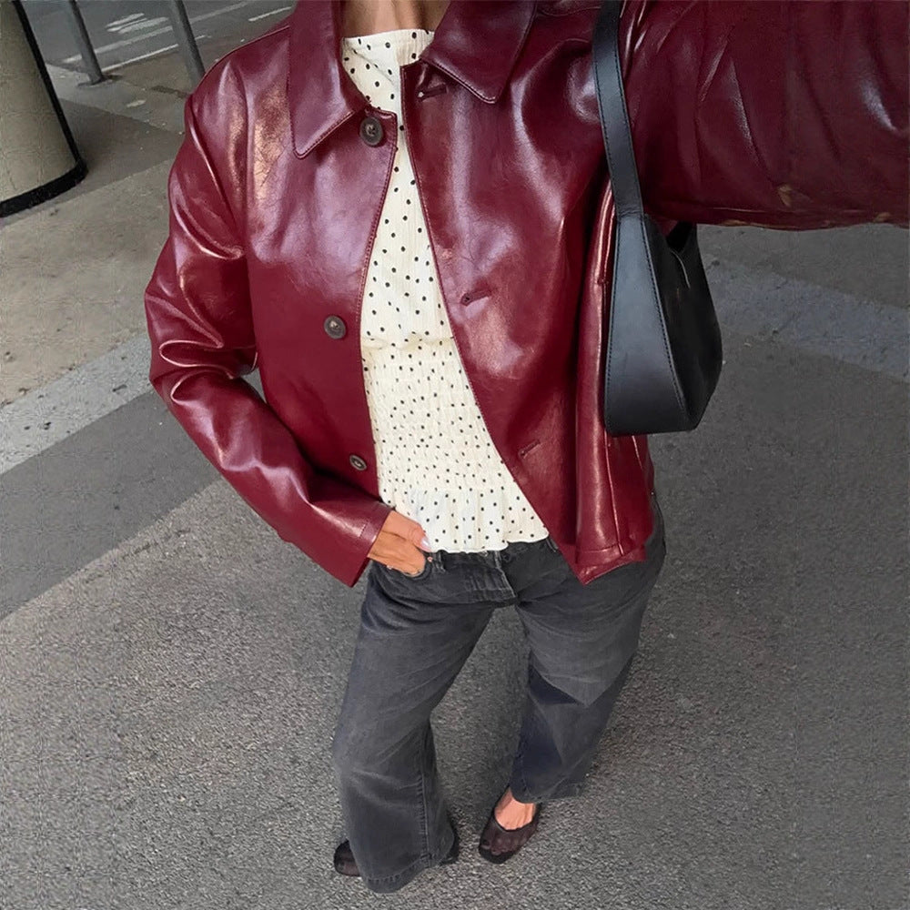 Women's Boxy Faux Leather Jacket with Shirt Collar and Straight Cropped Cut Amarae