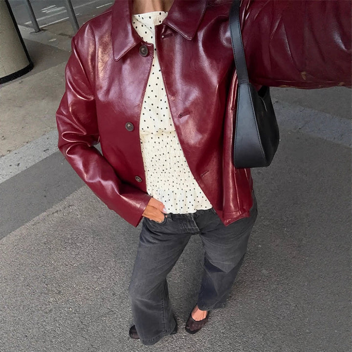 Women's Boxy Faux Leather Jacket with Shirt Collar and Straight Cropped Cut Amarae