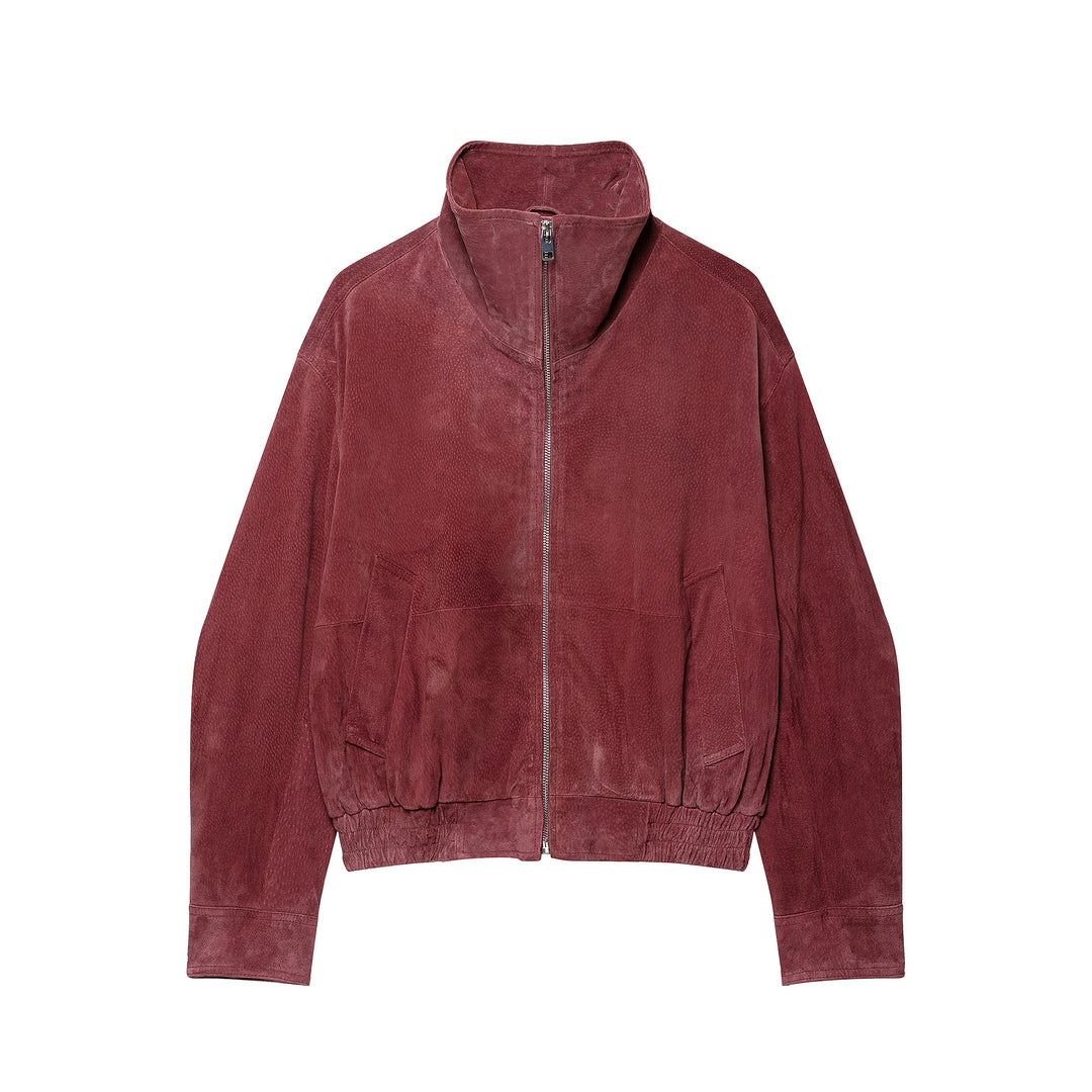 Women's Suede Look Bomber Jacket with High Funnel Collar and Elastic Cuffs