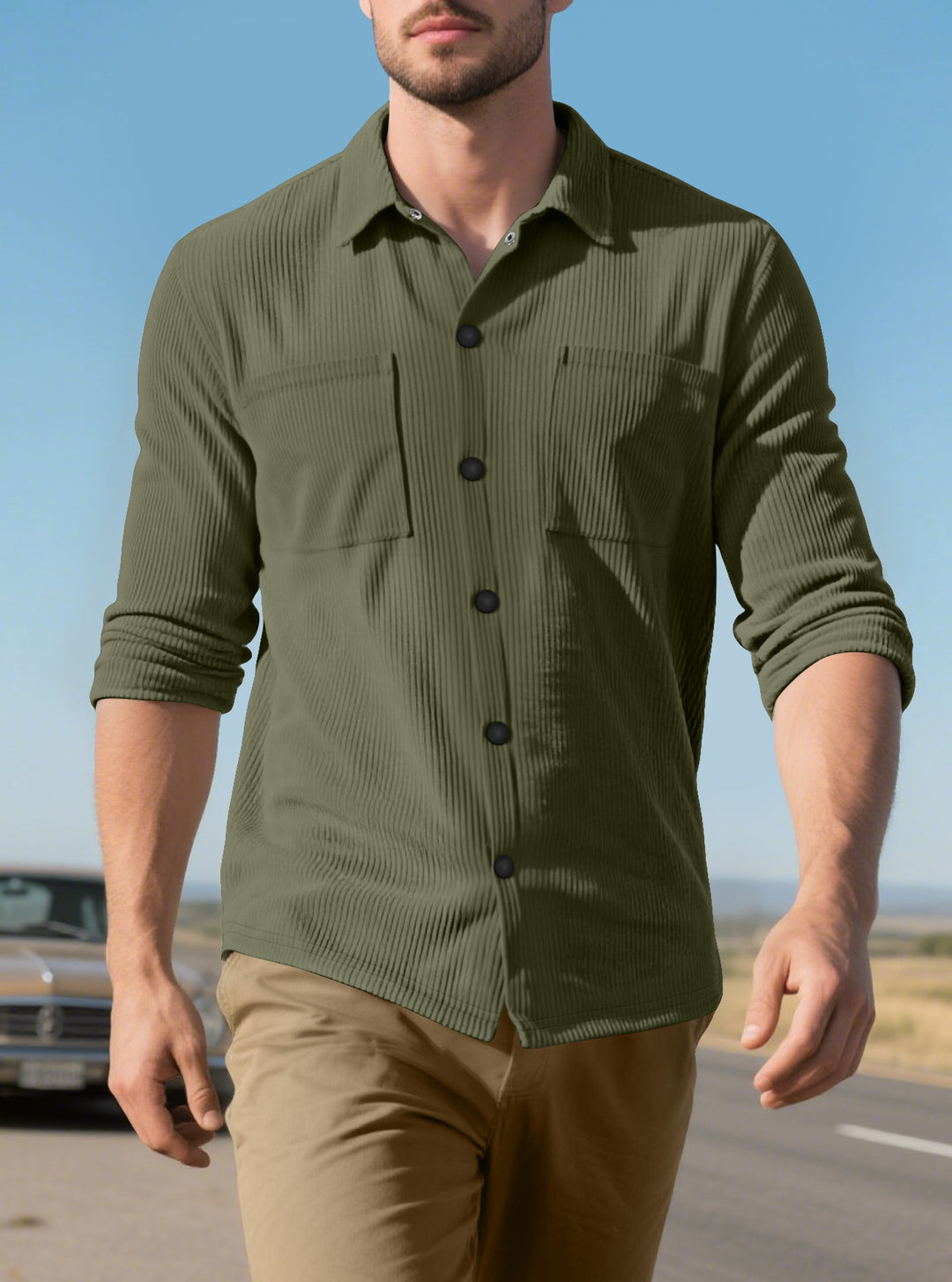 Men's long sleeve shirt with textured corduroy pattern and practical chest pockets Lune London