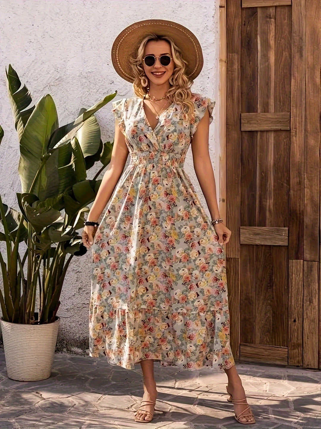 Maxi dress for women with floral design and casual V-neck Lune London
