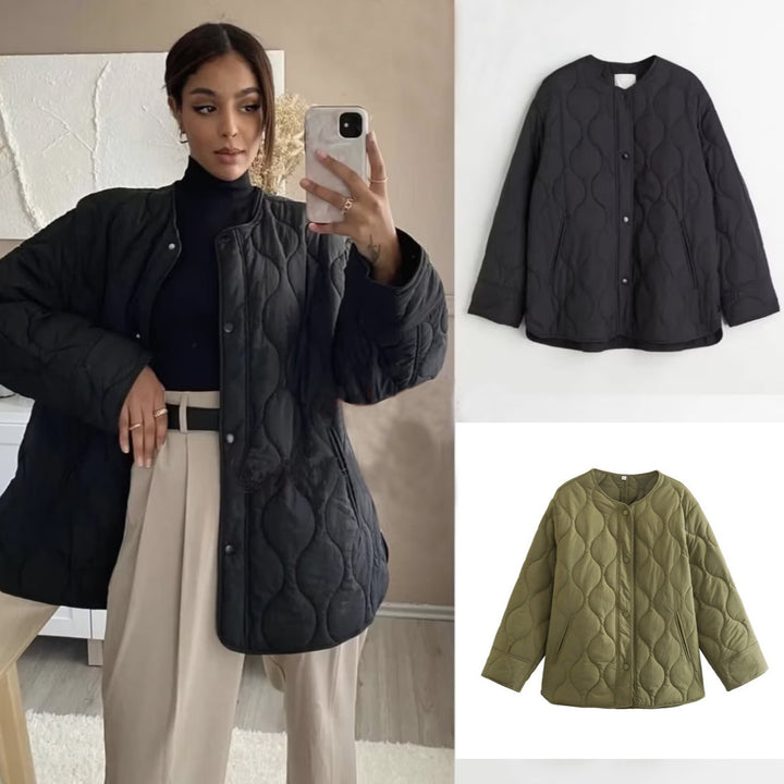 Quilted transitional jacket for women with practical pockets and round collar Lune London