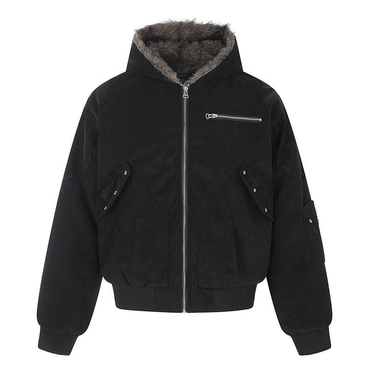 Ladies Oversize Velvet Bomber Jacket with Hood, Faux Fur Lining and Zipper Front Amarae