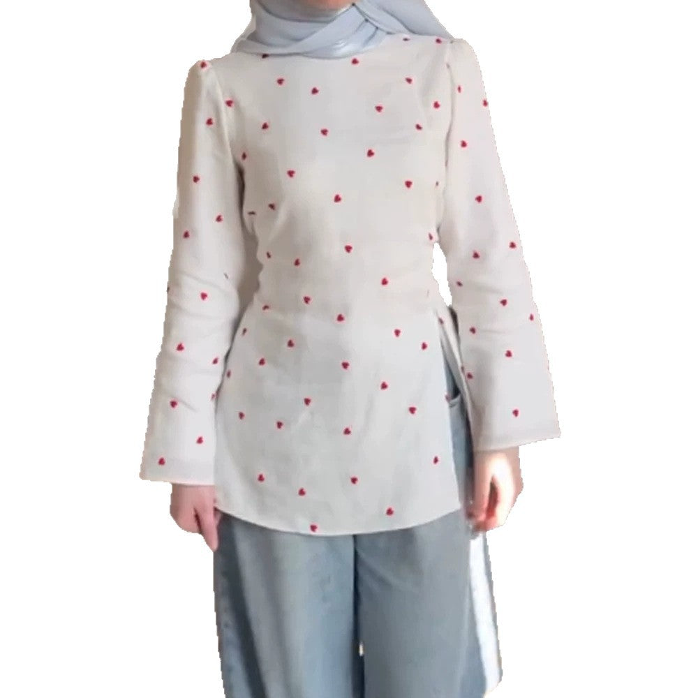 Women Delicate Heart Tunic Top with Side Waist Tie and Extended Silhouette Amarae