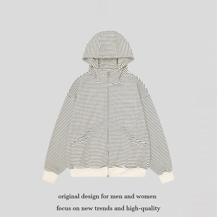 Unisex Striped Hooded Sweat Jacket with Zipper and Kangaroo Pockets Amarae