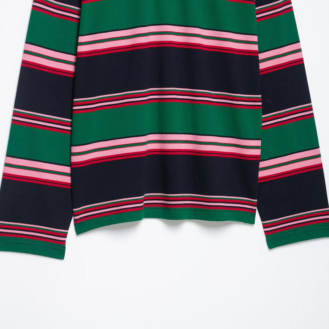 Women Oversize Rugby Polo Shirt with White Kent Collar and Wide Horizontal Stripes Amarae