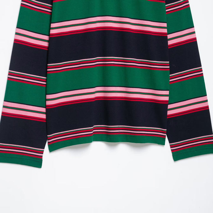 Women Oversize Rugby Polo Shirt with White Kent Collar and Wide Horizontal Stripes Amarae
