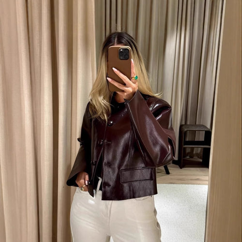 Fashion faux leather jacket for women in a classic style with large pockets Amarae