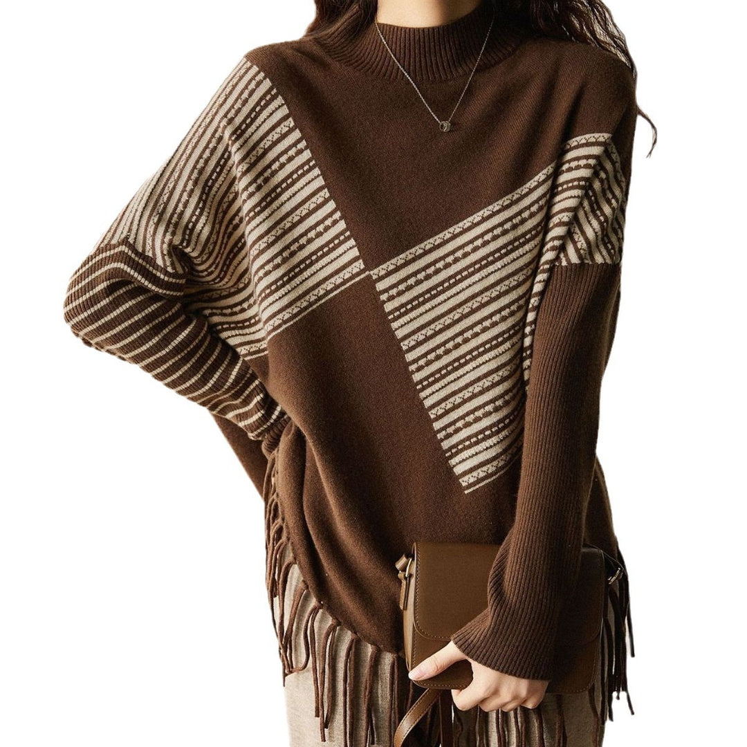 Pull en maille pour femmes avec motif géométrique et franges