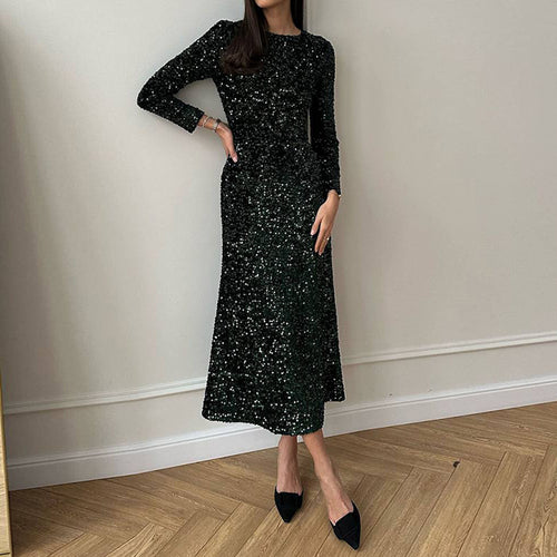 Sparkling evening dress for ladies with long sleeves and flowing hem Amarae