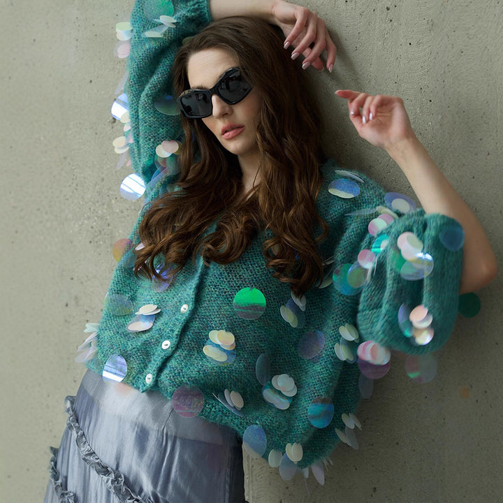 Women's Chunky Knit Mohair Cardigan with Oversized Sequins and Boxy Silhouette Amarae