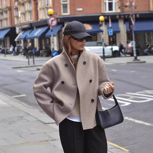 Fashionable wool jacket for women with double flap and high collar Amarae