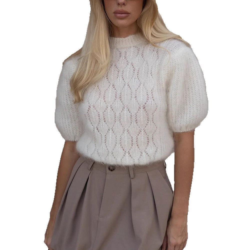 Women's Soft Short-Cut Mohair Blend Sweater with Short Sleeves and Stand-Up Collar Amarae