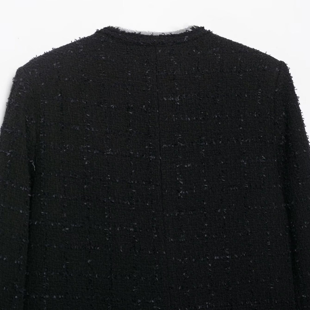 Women's Short Bouclé Tweed Jacket without Collar with Gold Decorative Buttons Amarae