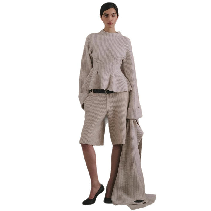 Women's fine knit two-piece set with fitted peplum sweater and high-waist bermuda Amarae