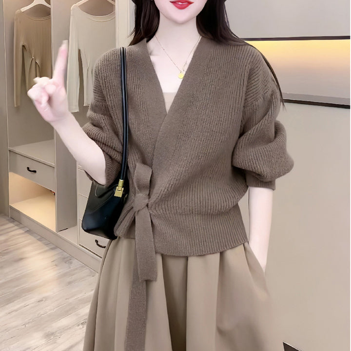 Knitted wrap sweater for women with a belted waist and raglan sleeves Lune London