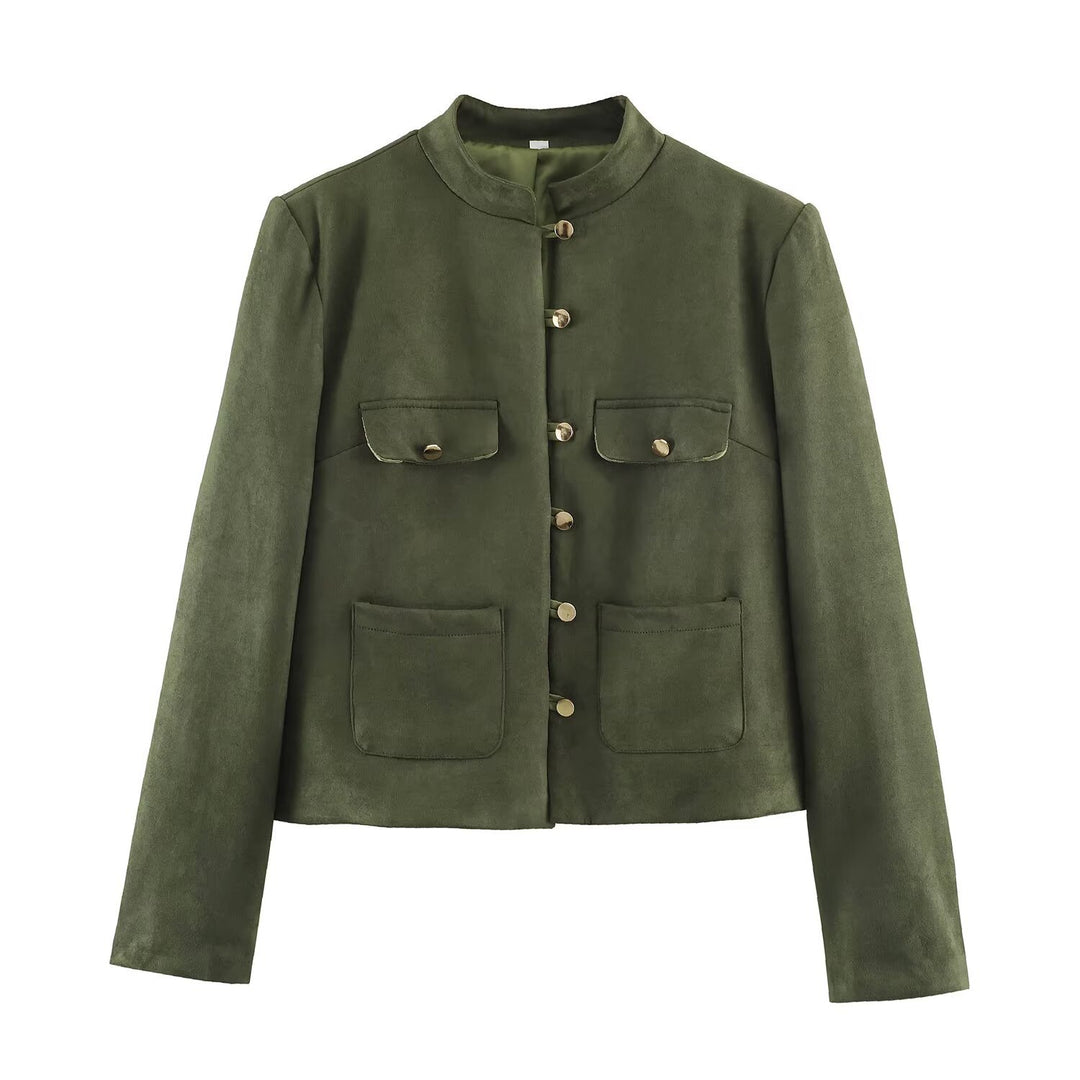 Women's short jacket in Mandarin style made of suede look with patch pockets and decorative buttons Amarae