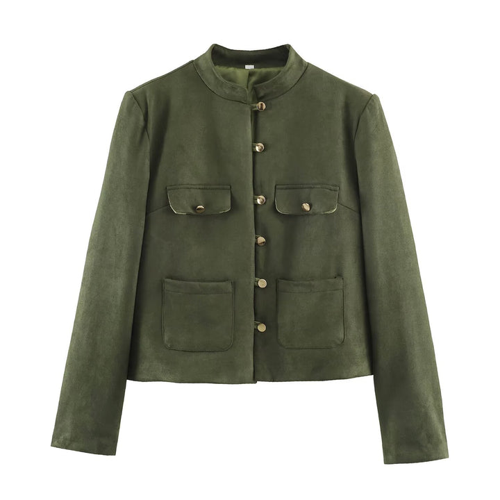 Women's short jacket in Mandarin style made of suede look with patch pockets and decorative buttons Amarae