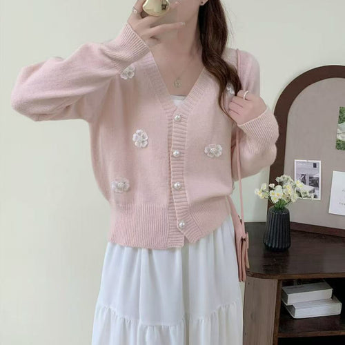 Ladies cozy knit vest with flower embroidery and pearl buttons Amarae