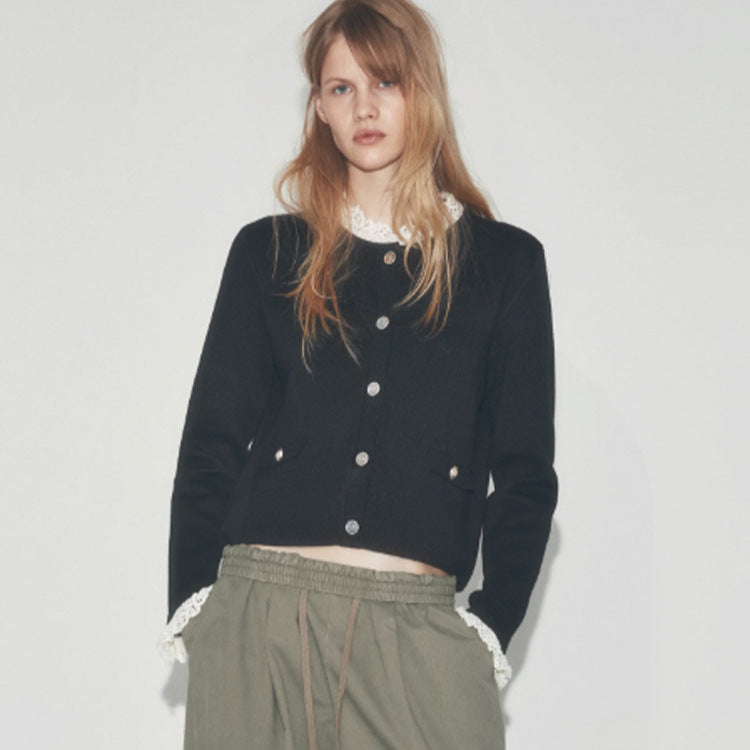 Women's Short Cut Fine Knit Cardigan with Round Neck, Decorative Buttons and Flap Pockets Amarae
