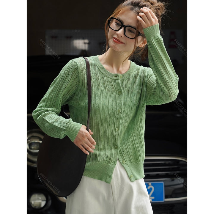 Women Lightweight Openwork Knit Cardigan with Button Placket and Ribbed Hem