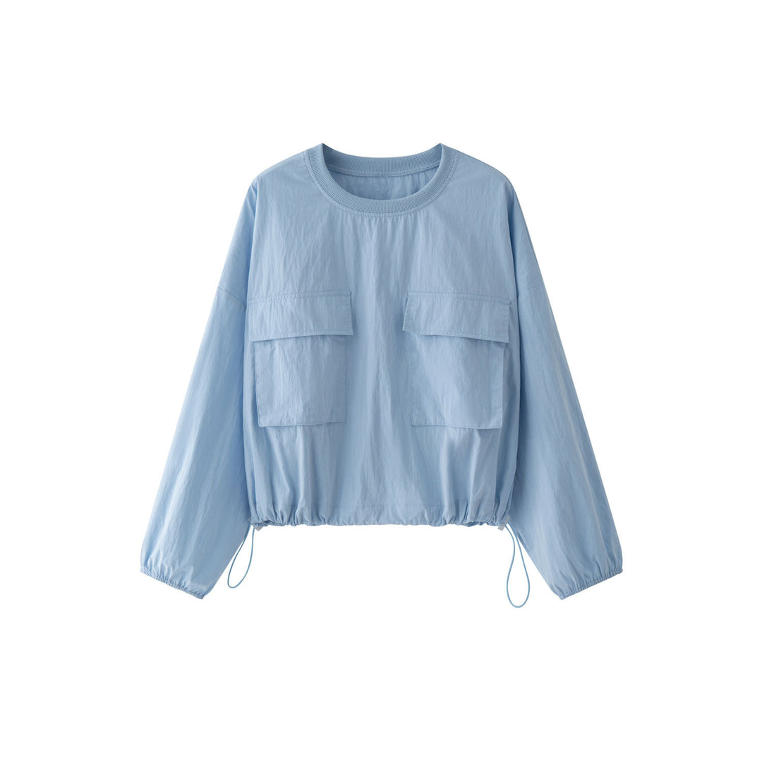 Women's Lightweight Oversized Blouse Shirt with Chest Pockets and Drawstring Hood