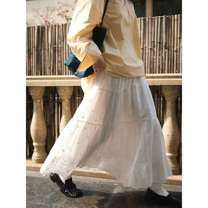 Ladies Long Tiered Ruffle Skirt made of Cotton Embroidery with Lace Edge Amarae