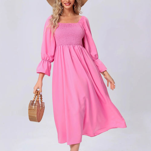 Midi dress for ladies with elastic puff sleeves and a romantic waist tie Amarae