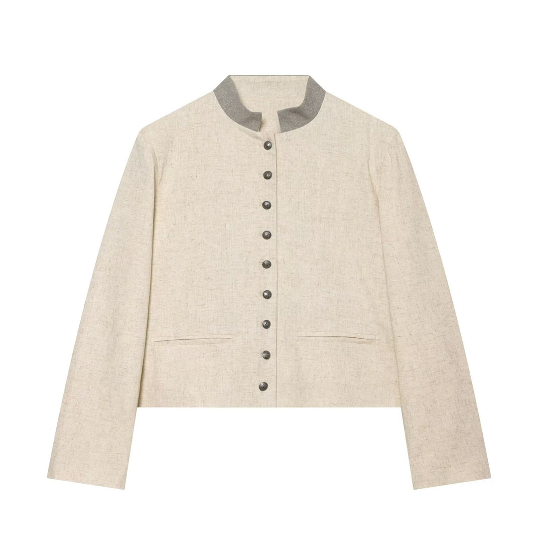 Women's cropped jacket in boxy cut with short stand-up collar and decorative button placket Amarae