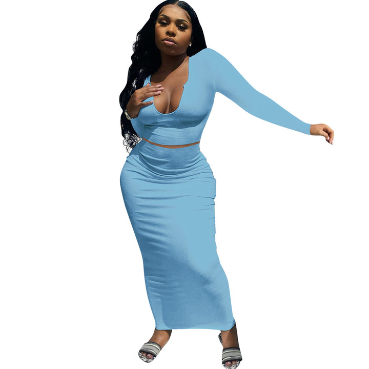Fitted maxi dress for women with long sleeves and deep V neckline Lune London